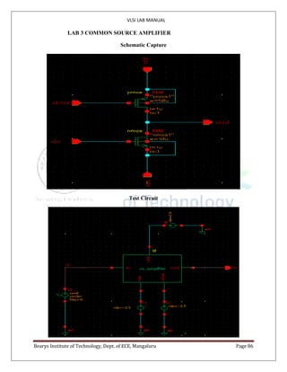 VLSI LAB MANUAL
Bearys Institute of Technology, Dept. of ECE, Mangaluru Page 86
LAB 3 COMMON SOURCE AMPLIFIER
Schematic Capture
Test Circuit
 