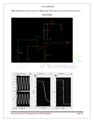 VLSI LAB MANUAL
Bearys Institute of Technology, Dept. of ECE, Mangaluru Page 91
Note: Remember to set the values for vdd and vss. Otherwise your circuit will have no power.
Test Circuit
 