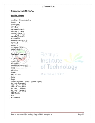VLSI LAB MANUAL
Bearys Institute of Technology, Dept. of ECE, Mangaluru Page 37
Program no 5(a) : S R Flip Flop
Module pro...