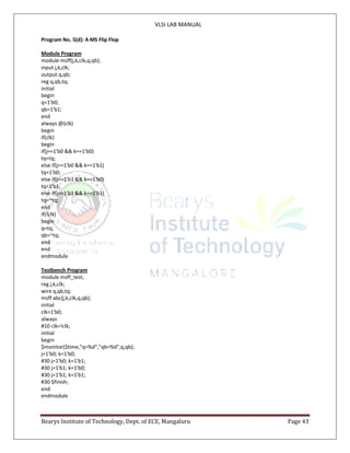VLSI LAB MANUAL
Bearys Institute of Technology, Dept. of ECE, Mangaluru Page 43
Program No. 5(d): A MS Flip Flop
Module Pr...