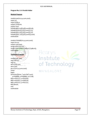VLSI LAB MANUAL
Bearys Institute of Technology, Dept. of ECE, Mangaluru Page 47
Program No. 6: A Parallel Adder
Module Pro...