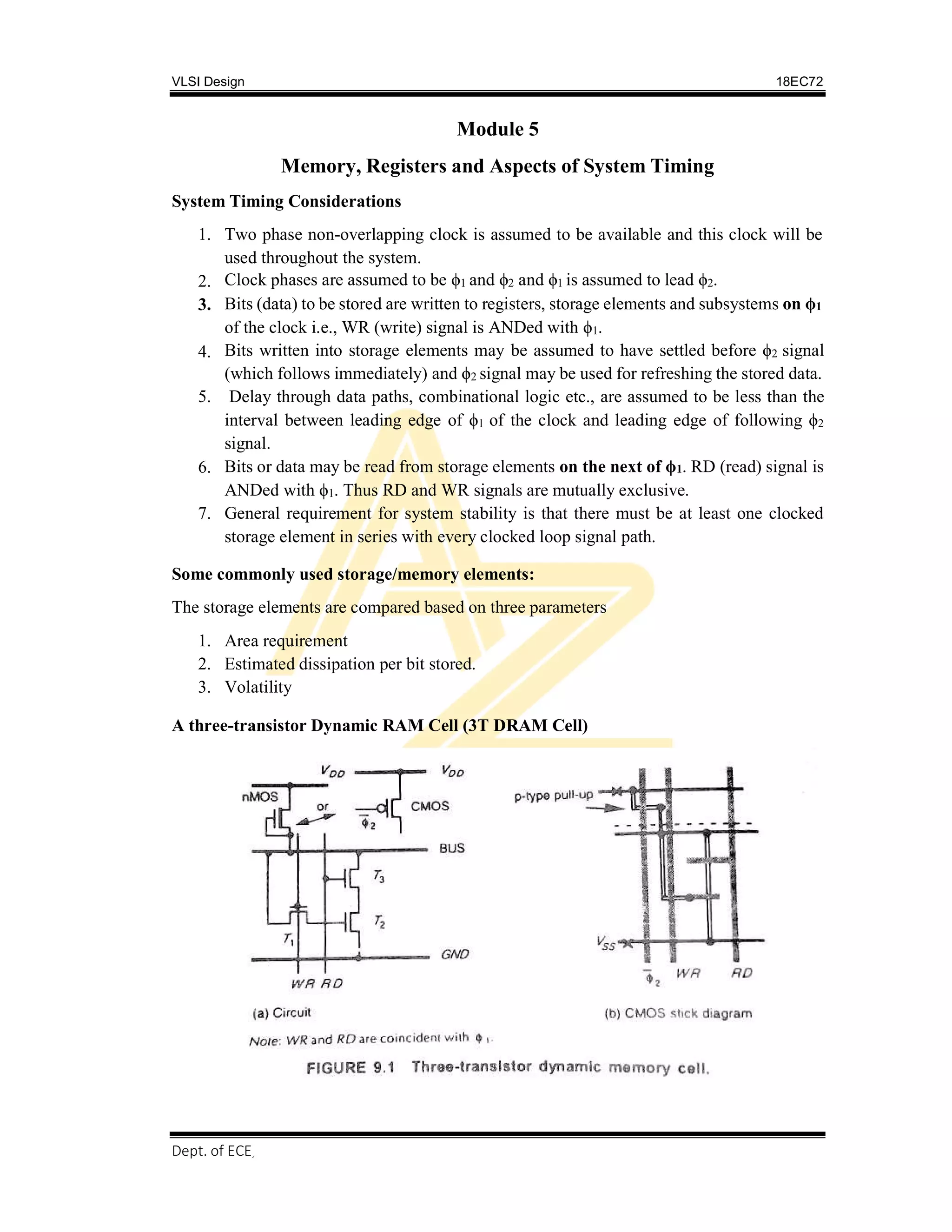VLSI Design 18EC72
Dept. of ECE, SVIT 2017-18
Module 5
Memory, Registers and Aspects of System Timing
System Timing Considerations
1. Two phase non-overlapping clock is assumed to be available and this clock will be
used throughout the system.
2. Clock phases are assumed to be ϕ1 and ϕ2 and ϕ1 is assumed to lead ϕ2.
3. Bits (data) to be stored are written to registers, storage elements and subsystems on ϕ1
of the clock i.e., WR (write) signal is ANDed with ϕ1.
4. Bits written into storage elements may be assumed to have settled before ϕ2 signal
(which follows immediately) and ϕ2 signal may be used for refreshing the stored data.
5. Delay through data paths, combinational logic etc., are assumed to be less than the
interval between leading edge of ϕ1 of the clock and leading edge of following ϕ2
signal.
6. Bits or data may be read from storage elements on the next of ϕ1. RD (read) signal is
ANDed with ϕ1. Thus RD and WR signals are mutually exclusive.
7. General requirement for system stability is that there must be at least one clocked
storage element in series with every clocked loop signal path.
Some commonly used storage/memory elements:
The storage elements are compared based on three parameters
1. Area requirement
2. Estimated dissipation per bit stored.
3. Volatility
A three-transistor Dynamic RAM Cell (3T DRAM Cell)
 