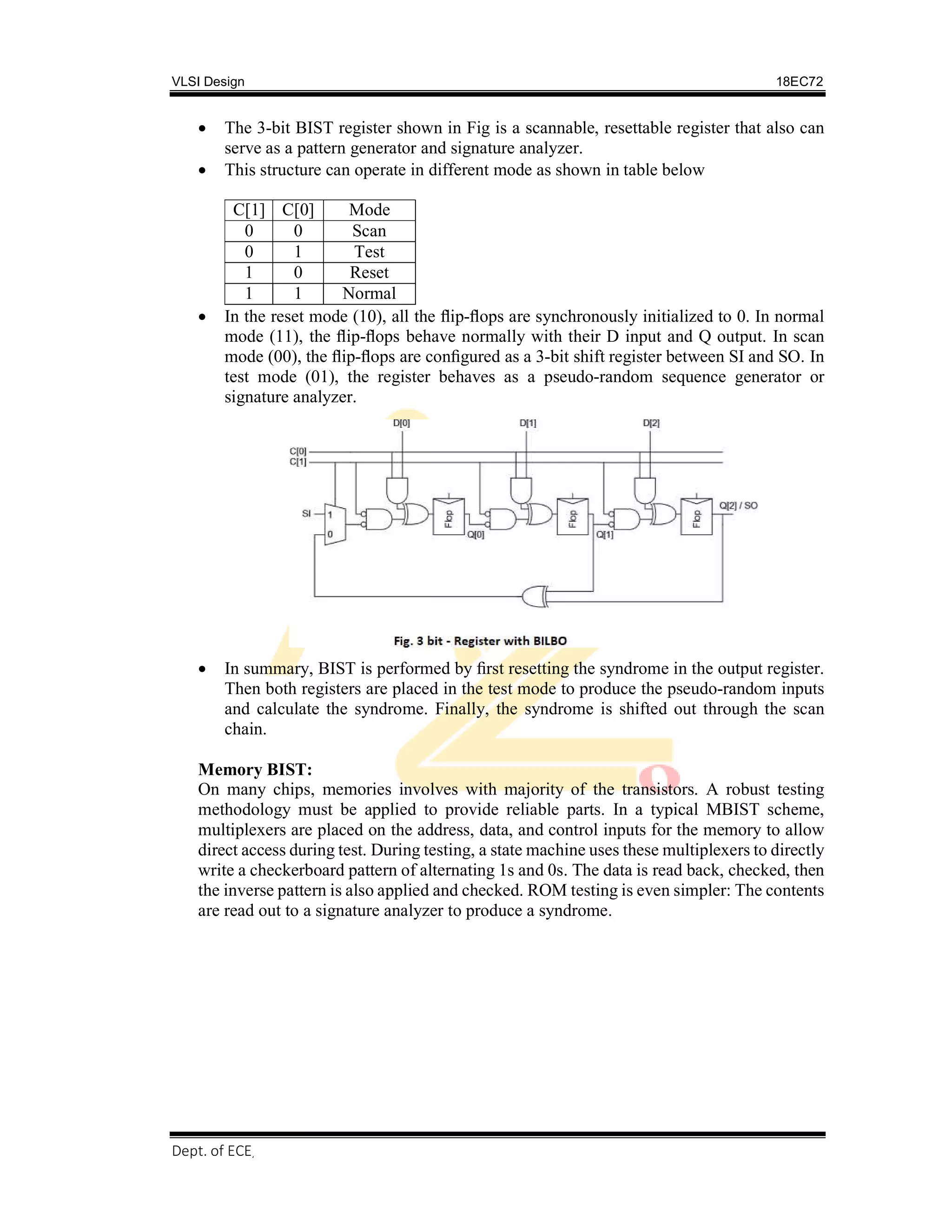 VLSI Design 18EC72
, SVIT 2017-18
Dept. of ECE
 The 3-bit BIST register shown in Fig is a scannable, resettable register that also can
serve as a pattern generator and signature analyzer.
 This structure can operate in different mode as shown in table below
C[1] C[0] Mode
0 0 Scan
0 1 Test
1 0 Reset
1 1 Normal
 In the reset mode (10), all the ﬂip-ﬂops are synchronously initialized to 0. In normal
mode (11), the ﬂip-ﬂops behave normally with their D input and Q output. In scan
mode (00), the ﬂip-ﬂops are conﬁgured as a 3-bit shift register between SI and SO. In
test mode (01), the register behaves as a pseudo-random sequence generator or
signature analyzer.
 In summary, BIST is performed by ﬁrst resetting the syndrome in the output register.
Then both registers are placed in the test mode to produce the pseudo-random inputs
and calculate the syndrome. Finally, the syndrome is shifted out through the scan
chain.
Memory BIST:
On many chips, memories involves with majority of the transistors. A robust testing
methodology must be applied to provide reliable parts. In a typical MBIST scheme,
multiplexers are placed on the address, data, and control inputs for the memory to allow
direct access during test. During testing, a state machine uses these multiplexers to directly
write a checkerboard pattern of alternating 1s and 0s. The data is read back, checked, then
the inverse pattern is also applied and checked. ROM testing is even simpler: The contents
are read out to a signature analyzer to produce a syndrome.
 