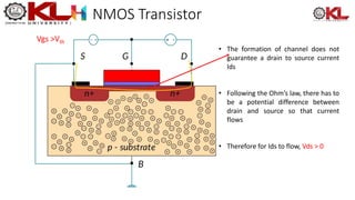 NMOS Transistor
• The formation of channel does not
guarantee a drain to source current
Ids
• Following the Ohm’s law, there has to
be a potential difference between
drain and source so that current
flows
• Therefore for Ids to flow, Vds > 0
Vgs >Vth
 