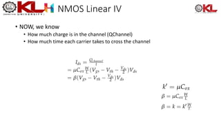 NMOS Linear IV
• NOW, we know
• How much charge is in the channel (QChannel)
• How much time each carrier takes to cross the channel
 
