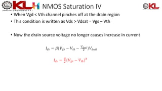 NMOS Saturation IV
• When Vgd < Vth channel pinches off at the drain region
• This condition is written as Vds > Vdsat = Vgs – Vth
• Now the drain source voltage no longer causes increase in current
 