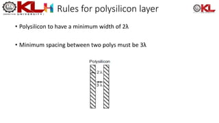 Rules for polysilicon layer
• Polysilicon to have a minimum width of 2λ
• Minimum spacing between two polys must be 3λ
 
