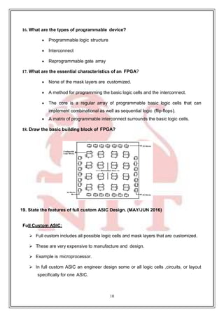 10
79
16. What are the types of programmable device?
 Programmable logic structure
 Interconnect
 Reprogrammable gate array
17. What are the essential characteristics of an FPGA?
 None of the mask layers are customized.
 A method for programming the basic logic cells and the interconnect.
 The core is a regular array of programmable basic logic cells that can
implement combinational as well as sequential logic (flip-flops).
 A matrix of programmable interconnect surrounds the basic logic cells.
18. Draw the basic building block of FPGA?
19. State the features of full custom ASIC Design. (MAY/JUN 2016)
Full Custom ASIC:
 Full custom includes all possible logic cells and mask layers that are customized.
 These are very expensive to manufacture and design.
 Example is microprocessor.
 In full custom ASIC an engineer design some or all logic cells ,circuits, or layout
specifically for one ASIC.
 