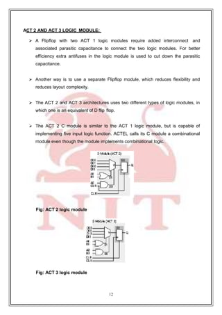 12
19
ACT 2 AND ACT 3 LOGIC MODULE:
 A Flipflop with two ACT 1 logic modules require added interconnect and
associated parasitic capacitance to connect the two logic modules. For better
efficiency extra antifuses in the logic module is used to cut down the parasitic
capacitance.
 Another way is to use a separate Flipflop module, which reduces flexibility and
reduces layout complexity.
 The ACT 2 and ACT 3 architectures uses two different types of logic modules, in
which one is an equivalent of D flip flop.
 The ACT 2 C module is similar to the ACT 1 logic module, but is capable of
implementing five input logic function. ACTEL calls its C module a combinational
module even though the module implements combinational logic.
Fig: ACT 2 logic module
Fig: ACT 3 logic module
 