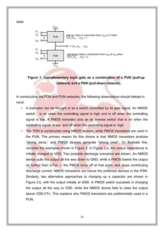 36
state.
Figure 1: Complementary logic gate as a combination of a PUN (pull-up
network) and a PDN (pull-down network).
In constructing the PDN and PUN networks, the following observations should bekept in
mind:
• A transistor can be thought of as a switch controlled by its gate signal. An NMOS
switch is on when the controlling signal is high and is off when the controlling
signal is low. A PMOS transistor acts as an inverse switch that is on when the
controlling signal is low and off when the controlling signal is high.
• The PDN is constructed using NMOS devices, while PMOS transistors are used in
the PUN. The primary reason for this choice is that NMOS transistors produce
“strong zeros,” and PMOS devices generate “strong ones”. To illustrate this,
consider the examples shown in Figure 2. In Figure 2.a, the output capacitance is
initially charged to VDD. Two possible discharge scenarios are shown. An NMOS
device pulls the output all the way down to GND, while a PMOS lowers the output
no further than |VTp| — the PMOS turns off at that point, and stops contributing
discharge current. NMOS transistors are hence the preferred devices in the PDN.
Similarly, two alternative approaches to charging up a capacitor are shown in
Figure 2.b, with the output initially at GND. A PMOS switch succeeds in charging
the output all the way to VDD, while the NMOS device fails to raise the output
above VDD-VTn. This explains why PMOS transistors are preferentially used in a
PUN.
 