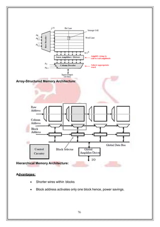 76
Array-Structured Memory Architecture:
Hierarchical Memory Architecture:
Advantages:
 Shorter wires within blocks
 Block address activates only one block hence, power savings.
 