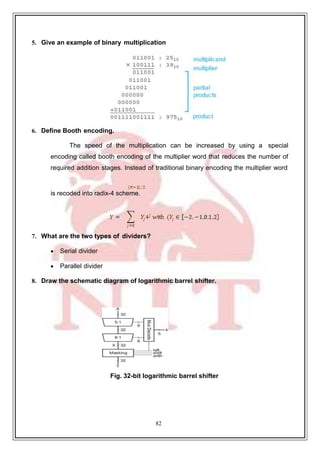 82
5. Give an example of binary multiplication
6. Define Booth encoding.
The speed of the multiplication can be increased by using a special
encoding called booth encoding of the multiplier word that reduces the number of
required addition stages. Instead of traditional binary encoding the multiplier word
is recoded into radix-4 scheme.
7. What are the two types of dividers?
 Serial divider
 Parallel divider
8. Draw the schematic diagram of logarithmic barrel shifter.
Fig. 32-bit logarithmic barrel shifter
 