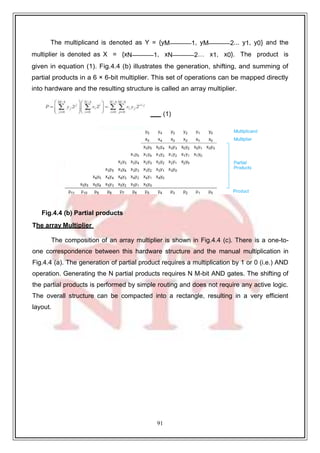 91
9
The multiplicand is denoted as Y = {yM–1, yM–2... y1, y0} and the
multiplier is denoted as X = {xN–1, xN–2… x1, x0}. The product is
given in equation (1). Fig.4.4 (b) illustrates the generation, shifting, and summing of
partial products in a 6 × 6-bit multiplier. This set of operations can be mapped directly
into hardware and the resulting structure is called an array multiplier.
(1)
Fig.4.4 (b) Partial products
The array Multiplier
The composition of an array multiplier is shown in Fig.4.4 (c). There is a one-to-
one correspondence between this hardware structure and the manual multiplication in
Fig.4.4 (a). The generation of partial product requires a multiplication by 1 or 0 (i.e.) AND
operation. Generating the N partial products requires N M-bit AND gates. The shifting of
the partial products is performed by simple routing and does not require any active logic.
The overall structure can be compacted into a rectangle, resulting in a very efficient
layout.
 