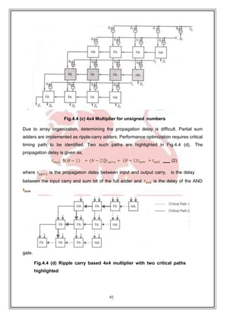 92
.
Fig.4.4 (c) 4x4 Multiplier for unsigned numbers
Due to array organization, determining the propagation delay is difficult. Partial sum
adders are implemented as ripple-carry adders. Performance optimization requires critical
timing path to be identified. Two such paths are highlighted in Fig.4.4 (d). The
propagation delay is given as,
(2)
where is the propagation delay between input and output carry, is the delay
between the input carry and sum bit of the full adder and is the delay of the AND
gate.
Fig.4.4 (d) Ripple carry based 4x4 multiplier with two critical paths
highlighted
 