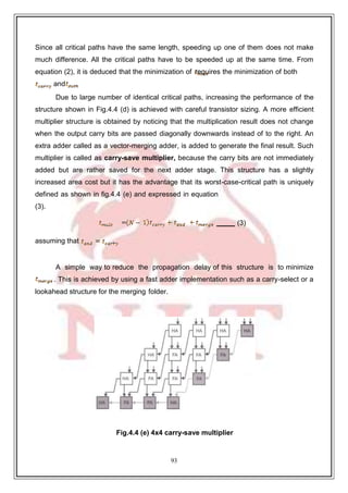 93
9
Since all critical paths have the same length, speeding up one of them does not make
much difference. All the critical paths have to be speeded up at the same time. From
equation (2), it is deduced that the minimization of requires the minimization of both
and .
Due to large number of identical critical paths, increasing the performance of the
structure shown in Fig.4.4 (d) is achieved with careful transistor sizing. A more efficient
multiplier structure is obtained by noticing that the multiplication result does not change
when the output carry bits are passed diagonally downwards instead of to the right. An
extra adder called as a vector-merging adder, is added to generate the final result. Such
multiplier is called as carry-save multiplier, because the carry bits are not immediately
added but are rather saved for the next adder stage. This structure has a slightly
increased area cost but it has the advantage that its worst-case-critical path is uniquely
defined as shown in fig.4.4 (e) and expressed in equation
(3).
(3)
assuming that
A simple way to reduce the propagation delay of this structure is to minimize
. This is achieved by using a fast adder implementation such as a carry-select or a
lookahead structure for the merging folder.
Fig.4.4 (e) 4x4 carry-save multiplier
.
 
