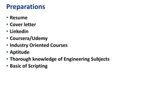 • Resume
• Cover letter
• Linkedin
• Coursera/Udemy
• Industry Oriented Courses
• Aptitude
• Thorough knowledge of Engineering Subjects
• Basic of Scripting
Preparations
 