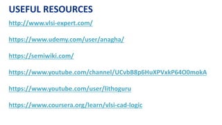 http://www.vlsi-expert.com/
https://www.udemy.com/user/anagha/
https://semiwiki.com/
https://www.youtube.com/channel/UCvbB8p6HuXPVxkP64O0mokA
https://www.youtube.com/user/lithoguru
https://www.coursera.org/learn/vlsi-cad-logic
USEFUL RESOURCES
 