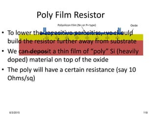 P-type Si Substrate
6/3/2015 118
Poly Film Resistor
• To lower the capacitive parasitics, we should
build the resistor further away from substrate
• We a deposit a thi fil of pol “i hea il
doped) material on top of the oxide
• The poly will have a certain resistance (say 10
Ohms/sq)
Oxide
Polysilicon Film (N+ or P+ type)
 