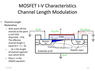 MOSFET I-V Characteristics
Channel Length Modulation
• Channel Length
Modulation
– With pinch-off the
channel at the point
y such that
Vc(y)=VGS - VT0,
The effective
channel length is
e ual to L = L – ΔL
– ΔL is the length
of channel segment
over which QI=0.
– Pla e L i the
ID(SAT) equation:
2
0
)
( )
(
2
V
V
L
W
C
I T
GS
ox
n
SAT
D 



ΔL
Drain
n+
Source
n+
Substrate (p-Si)
(p+) (p+)
Oxide
0 y L’ L
ChannelPinch-off point (QI=0)
Depletion region
VB=0
VS=0
VGS>VT0
VDS>VDSAT
6/3/2015 131
 