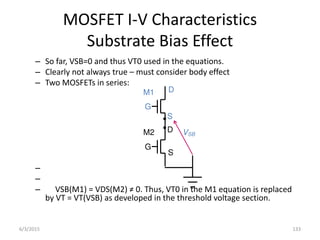 MOSFET I-V Characteristics
Substrate Bias Effect
– So far, VSB=0 and thus VT0 used in the equations.
– Clearly not always true – must consider body effect
– Two MOSFETs in series:
–
–
– V“B M = VD“ M ≠ . Thus, VT i the M e uatio is epla ed
by VT = VT(VSB) as developed in the threshold voltage section.
D
S
G
D
G
M1
M2 VSB
S
6/3/2015 133
 