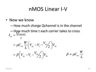nMOS Linear I-V
• Now we know
– How much charge Qchannel is in the channel
– How much time t each carrier takes to cross
channel
ox 2
2
ds
ds
gs t ds
ds
gs t ds
Q
I
t
W V
C V V V
L
V
V V V



 
  
 
 
 
  
 
 
ox
=
W
C
L
 
6/3/2015 155
 