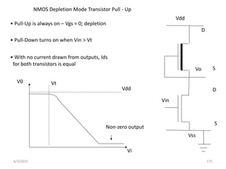 Vdd
Vss
Vo
Vin
D
S
D
S
• Pull-Up is always on – Vgs = 0; depletion
• Pull-Down turns on when Vin > Vt
NMOS Depletion Mode Transistor Pull - Up
Vt
V0
Vdd
Vi
• With no current drawn from outputs, Ids
for both transistors is equal
Non-zero output
6/3/2015 175
 