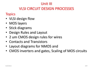 Unit III
VLSI CIRCUIT DESIGN PROCESSES
Topics
• VLSI design flow
• MOS layers
• Stick diagrams
• Design Rules and Layout
• 2 um CMOS design rules for wires
• Contacts and Transistors
• Layout diagrams for NMOS and
• CMOS inverters and gates, Scaling of MOS circuits
6/3/2015 207
 