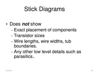Stick Diagrams
• Does not show
– Exact placement of components
– Transistor sizes
– Wire lengths, wire widths, tub
boundaries.
– Any other low level details such as
parasitics..
6/3/2015 214
 