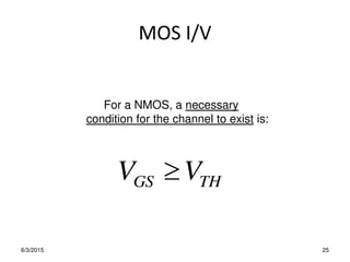 MOS I/V
6/3/2015 25
For a NMOS, a necessary
condition for the channel to exist is:
TH
GS V
V 
 