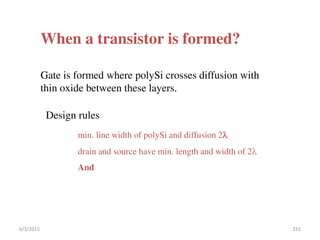 When a transistor is formed?
Gate is formed where polySi crosses diffusion with
thin oxide between these layers.
Design rules
min. line width of polySi and diffusion 2
drain and source have min. length and width of 2
And
6/3/2015 255
 