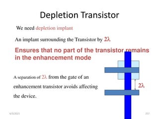 Depletion Transistor
We need depletion implant
An implant surrounding the Transistor by 2
Ensures that no part of the transistor remains
in the enhancement mode
A separation of 2 from the gate of an
enhancement transistor avoids affecting
the device.
2
6/3/2015 257
 