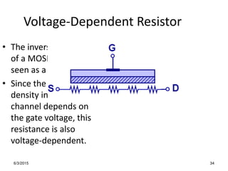 6/3/2015 34
Voltage-Dependent Resistor
• The inversion channel
of a MOSFET can be
seen as a resistor.
• Since the charge
density inside the
channel depends on
the gate voltage, this
resistance is also
voltage-dependent.
 