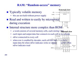 RAM: “Random-access” memory
 Typically volatile memory
• bits are not held without power supply
 Read and written to easily by microprocessor
during execution
 Internal structure more complex than ROM
• a word consists of several memory cells, each storing 1 bit
• each input and output data line connects to each cell in its column
• rd/wr connected to every cell
• when row is enabled by decoder, each cell has logic that stores
input data bit when rd/wr indicates write or outputs stored bit when
rd/wr indicates read
343
enable
2k × n read and write
memory
A0
…
r/w
…
Q0
Qn-1
Ak-1
External view
4×4 RAM
2×4
decoder
Q0
Q3
A0
enable
A1
Q2 Q1
Memory
cell
I0
I3 I2 I1
rd/wr To every cell
Internal view
 