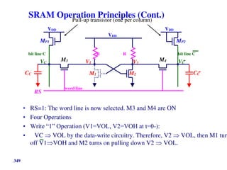 349
SRAM Operation Principles (Cont.)
• RS=1: The word line is now selected. M3 and M4 are ON
• Four Operations
• Write “1” Operation (V1=VOL, V2=VOH at t=0-):
• VC  VOL by the data-write circuitry. Therefore, V2  VOL, then M1 turn
off V1VOH and M2 turns on pulling down V2  VOL.
VDD
bit line C bit line C
R R
word line
VDD VDD
CC CC
M1 M2
M3 M4
MP1 MP2
V1 V2
VC VC
RS
Pull-up transistor (one per column)
 