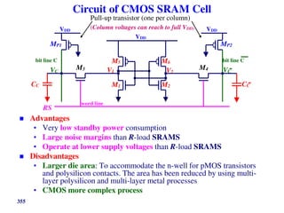 355
Circuit of CMOS SRAM Cell
 Advantages
• Very low standby power consumption
• Large noise margins than R-load SRAMS
• Operate at lower supply voltages than R-load SRAMS
 Disadvantages
• Larger die area: To accommodate the n-well for pMOS transistors
and polysilicon contacts. The area has been reduced by using multi-
layer polysilicon and multi-layer metal processes
• CMOS more complex process
VDD
bit line C bit line C
word line
VDD VDD
CC CC
M1 M2
M3 M4
MP1 MP2
V1 V2
VC VC
RS
Pull-up transistor (one per column)
M5 M6
(Column voltages can reach to full VDD)
 