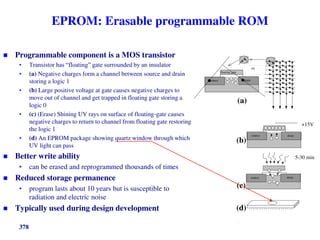 378
.
(d)
(a)
(b)
source drain
+15V
source drain
0V
(c)
source drain
floating gate
5-30 min
EPROM: Erasable programmable ROM
 Programmable component is a MOS transistor
• Transistor has “floating” gate surrounded by an insulator
• (a) Negative charges form a channel between source and drain
storing a logic 1
• (b) Large positive voltage at gate causes negative charges to
move out of channel and get trapped in floating gate storing a
logic 0
• (c) (Erase) Shining UV rays on surface of floating-gate causes
negative charges to return to channel from floating gate restoring
the logic 1
• (d) An EPROM package showing quartz window through which
UV light can pass
 Better write ability
• can be erased and reprogrammed thousands of times
 Reduced storage permanence
• program lasts about 10 years but is susceptible to
radiation and electric noise
 Typically used during design development
 