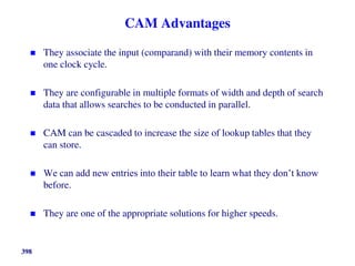 CAM Advantages
 They associate the input (comparand) with their memory contents in
one clock cycle.
 They are configurable in multiple formats of width and depth of search
data that allows searches to be conducted in parallel.
 CAM can be cascaded to increase the size of lookup tables that they
can store.
 We can add new entries into their table to learn what they don’t know
before.
 They are one of the appropriate solutions for higher speeds.
398
 