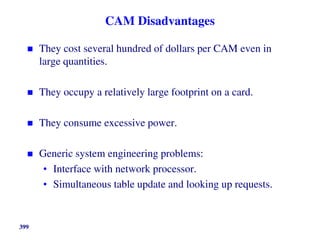 CAM Disadvantages
 They cost several hundred of dollars per CAM even in
large quantities.
 They occupy a relatively large footprint on a card.
 They consume excessive power.
 Generic system engineering problems:
• Interface with network processor.
• Simultaneous table update and looking up requests.
399
 