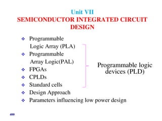 Unit VII
SEMICONDUCTOR INTEGRATED CIRCUIT
DESIGN
 Programmable
Logic Array (PLA)
 Programmable
Array Logic(PAL)
 FPGAs
 CPLDs
 Standard cells
 Design Approach
 Parameters influencing low power design
Programmable logic
devices (PLD)
400
 