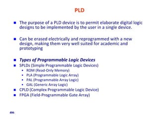 PLD
 The purpose of a PLD device is to permit elaborate digital logic
designs to be implemented by the user in a single device.
 Can be erased electrically and reprogrammed with a new
design, making them very well suited for academic and
prototyping
 Types of Programmable Logic Devices
 SPLDs (Simple Programmable Logic Devices)
• ROM (Read-Only Memory)
• PLA (Programmable Logic Array)
• PAL (Programmable Array Logic)
• GAL (Generic Array Logic)
 CPLD (Complex Programmable Logic Device)
 FPGA (Field-Programmable Gate Array)
406
 