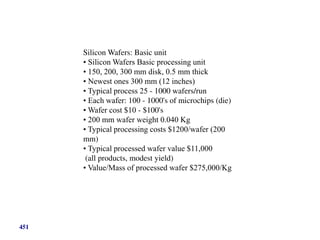 Silicon Wafers: Basic unit
• Silicon Wafers Basic processing unit
• 150, 200, 300 mm disk, 0.5 mm thick
• Newest ones 300 mm (12 inches)
• Typical process 25 - 1000 wafers/run
• Each wafer: 100 - 1000's of microchips (die)
• Wafer cost $10 - $100's
• 200 mm wafer weight 0.040 Kg
• Typical processing costs $1200/wafer (200
mm)
• Typical processed wafer value $11,000
(all products, modest yield)
• Value/Mass of processed wafer $275,000/Kg
451
 