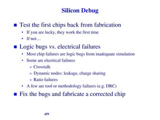 Silicon Debug
 Test the first chips back from fabrication
• If you are lucky, they work the first time
• If not…
 Logic bugs vs. electrical failures
• Most chip failures are logic bugs from inadequate simulation
• Some are electrical failures
» Crosstalk
» Dynamic nodes: leakage, charge sharing
» Ratio failures
• A few are tool or methodology failures (e.g. DRC)
 Fix the bugs and fabricate a corrected chip
459
 