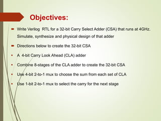 Objectives:
 Write Verilog RTL for a 32-bit Carry Select Adder (CSA) that runs at 4GHz.
Simulate, synthesize and physical design of that adder
 Directions below to create the 32-bit CSA
 A 4-bit Carry Look Ahead (CLA) adder
 Combine 8-stages of the CLA adder to create the 32-bit CSA
 Use 4-bit 2-to-1 mux to choose the sum from each set of CLA
 Use 1-bit 2-to-1 mux to select the carry for the next stage
 