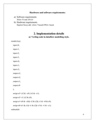 6
Hardware and software requirements:
a) Software requirements
Xilinx Vivado 2014.4
b) Hardware requirements
Digilent Nexys ddr (Artix 7 based) FPGA board.
2. Implementation details
a) Verilog code in dataflow modelling style.
module key(
input r0,
input r1,
input r2,
input r3,
input c0,
input c1,
input c2,
output n3,
output n2,
output n1,
output n0
);
assign n3= (r2 & ~c0) | (r3 & ~c1);
assign n2= r1 | (r2 & c0);
assign n1=(r0 & ~c0)|(~r2 & c2)|(~r1 & ~r0 & c0);
assign n0=(r1 & c1)|(~r1 & c2)|(~r3 & ~r1 & ~c1);
endmodule
 