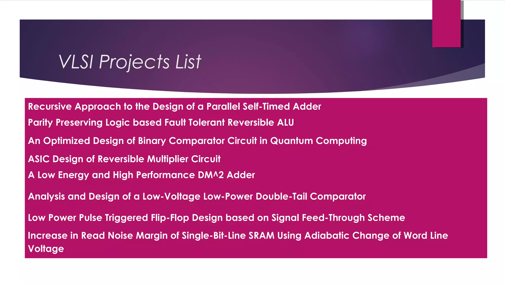 Recursive Approach to the Design of a Parallel Self-Timed Adder
Parity Preserving Logic based Fault Tolerant Reversible ALU
An Optimized Design of Binary Comparator Circuit in Quantum Computing
ASIC Design of Reversible Multiplier Circuit
A Low Energy and High Performance DM^2 Adder
Analysis and Design of a Low-Voltage Low-Power Double-Tail Comparator
Low Power Pulse Triggered Flip-Flop Design based on Signal Feed-Through Scheme
Increase in Read Noise Margin of Single-Bit-Line SRAM Using Adiabatic Change of Word Line
Voltage
VLSI Projects List
 