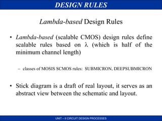 DESIGN RULES
UNIT – II CIRCUIT DESIGN PROCESSES
• Lambda-based (scalable CMOS) design rules define
scalable rules based on  (which is half of the
minimum channel length)
– classes of MOSIS SCMOS rules: SUBMICRON, DEEPSUBMICRON
• Stick diagram is a draft of real layout, it serves as an
abstract view between the schematic and layout.
Lambda-based Design Rules
 