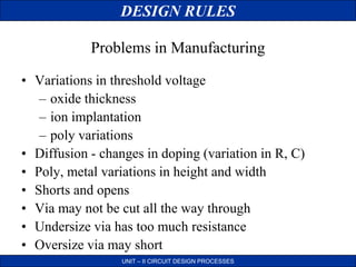 DESIGN RULES
UNIT – II CIRCUIT DESIGN PROCESSES
• Variations in threshold voltage
– oxide thickness
– ion implantation
– poly variations
• Diffusion - changes in doping (variation in R, C)
• Poly, metal variations in height and width
• Shorts and opens
• Via may not be cut all the way through
• Undersize via has too much resistance
• Oversize via may short
Problems in Manufacturing
 