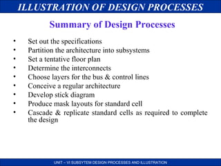 ILLUSTRATION OF DESIGN PROCESSES
Summary of Design Processes
•
•
•
•
•
•
•
•
•

Set out the specifications
Partition the architecture into subsystems
Set a tentative floor plan
Determine the interconnects
Choose layers for the bus & control lines
Conceive a regular architecture
Develop stick diagram
Produce mask layouts for standard cell
Cascade & replicate standard cells as required to complete
the design

UNIT – VI SUBSYTEM DESIGN PROCESSES AND ILLUSTRATION

 