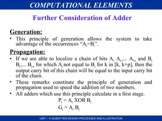 COMPUTATIONAL ELEMENTS
Further Consideration of Adder
Generation:
• This principle of generation allows the system to take
advantage of the occurrences “Ak=Bk”.

Propagation:
• If we are able to localize a chain of bits Ak Ak+1... Ak+p and Bk
Bk+1... Bk+p for which Ak not equal to Bk for k in [k, k+p], then the
output carry bit of this chain will be equal to the input carry bit
of the chain.
• These remarks constitute the principle of generation and
propagation used to speed the addition of two numbers.
• All adders which use this principle calculate in a first stage.
Pk = Ak XOR Bk
Gk = Ak Bk
UNIT – VI SUBSYTEM DESIGN PROCESSES AND ILLUSTRATION

 