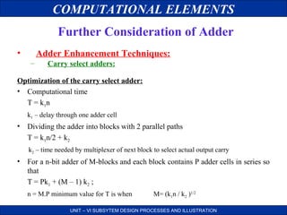 COMPUTATIONAL ELEMENTS
Further Consideration of Adder
•

Adder Enhancement Techniques:
–

Carry select adders:

Optimization of the carry select adder:
• Computational time
T = k1 n
k1 – delay through one adder cell

• Dividing the adder into blocks with 2 parallel paths
T = k1n/2 + k2
k2 – time needed by multiplexer of next block to select actual output carry

• For a n-bit adder of M-blocks and each block contains P adder cells in series so
that
T = Pk1 + (M – 1) k2 ;
n = M.P minimum value for T is when

M= (k1n / k2 )1/2

UNIT – VI SUBSYTEM DESIGN PROCESSES AND ILLUSTRATION

 